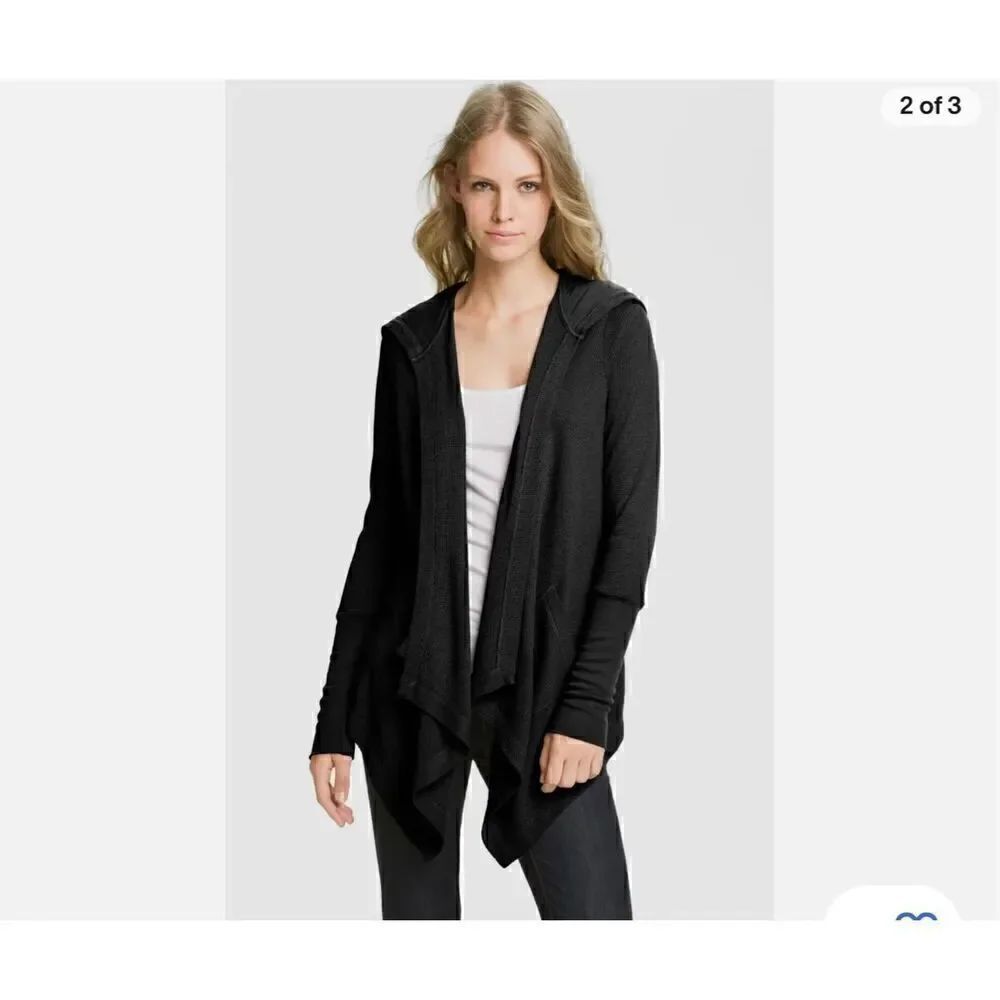 Splendid S Black Waffle Knit Thermal Hooded Cardigan